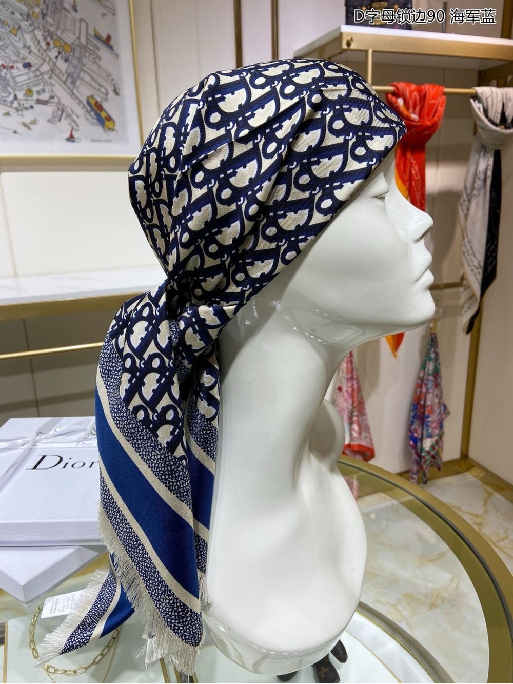 & Other Stories Navy and Ivory Patterned Headscarf